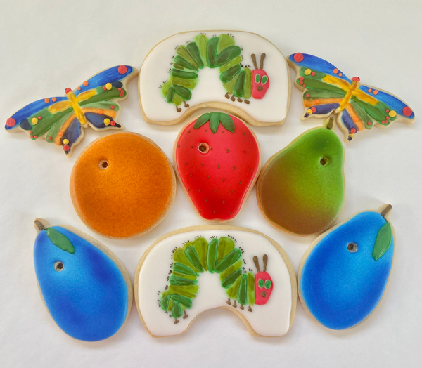 Hungry Caterpillar decorated cookies - fruits, caterpillar and butterflies.